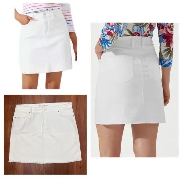 Tommy Bahama White Denim Skirt Raw Hem Stretch Casual Summer Size 14 - Picture 8 of 10